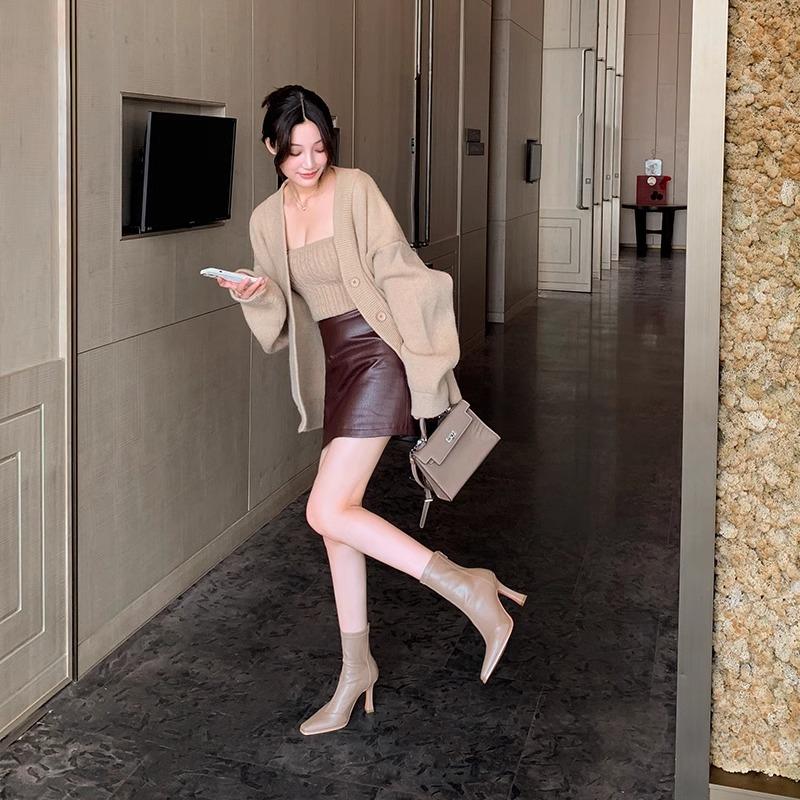 High-heeled Short Boots Women's 2025 Autumn and Winter New Korean Version Splicing Zipper Internet Celebrity Thin Boots Square-heeled Elastic Boots