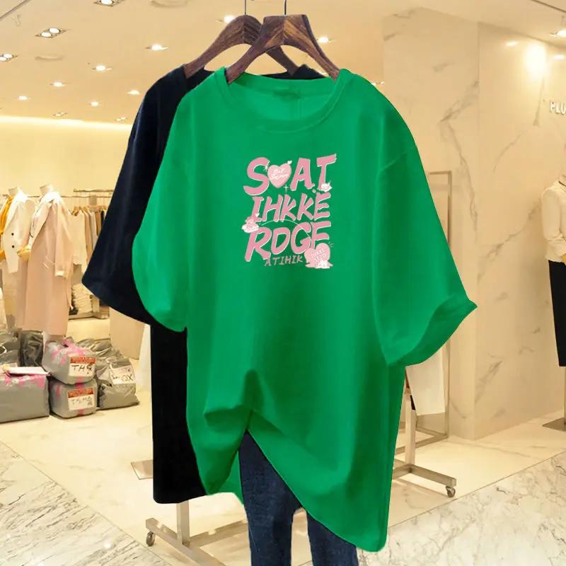 100% pure cotton women's short sleeved T-shirt, informal basic T-shirt with letters printed, loose top, fashionable sweater