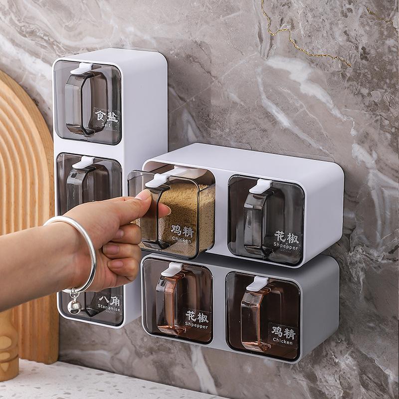 Wall-mounted Seasoning Box Spice Rack Sugar Bowl Salt Shaker Seasoning Container Spice Box With Spoons Kitchen Storage Organizer