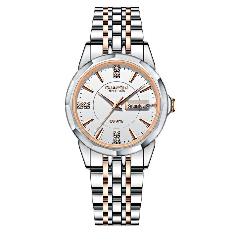 

Швейцарские женские водонепроницаемые часы из нержавеющей стали с циферблатом, инкрустированным бриллиантами, и двойным календарем, идеально подходящие для бизнеса или поездок на работу.