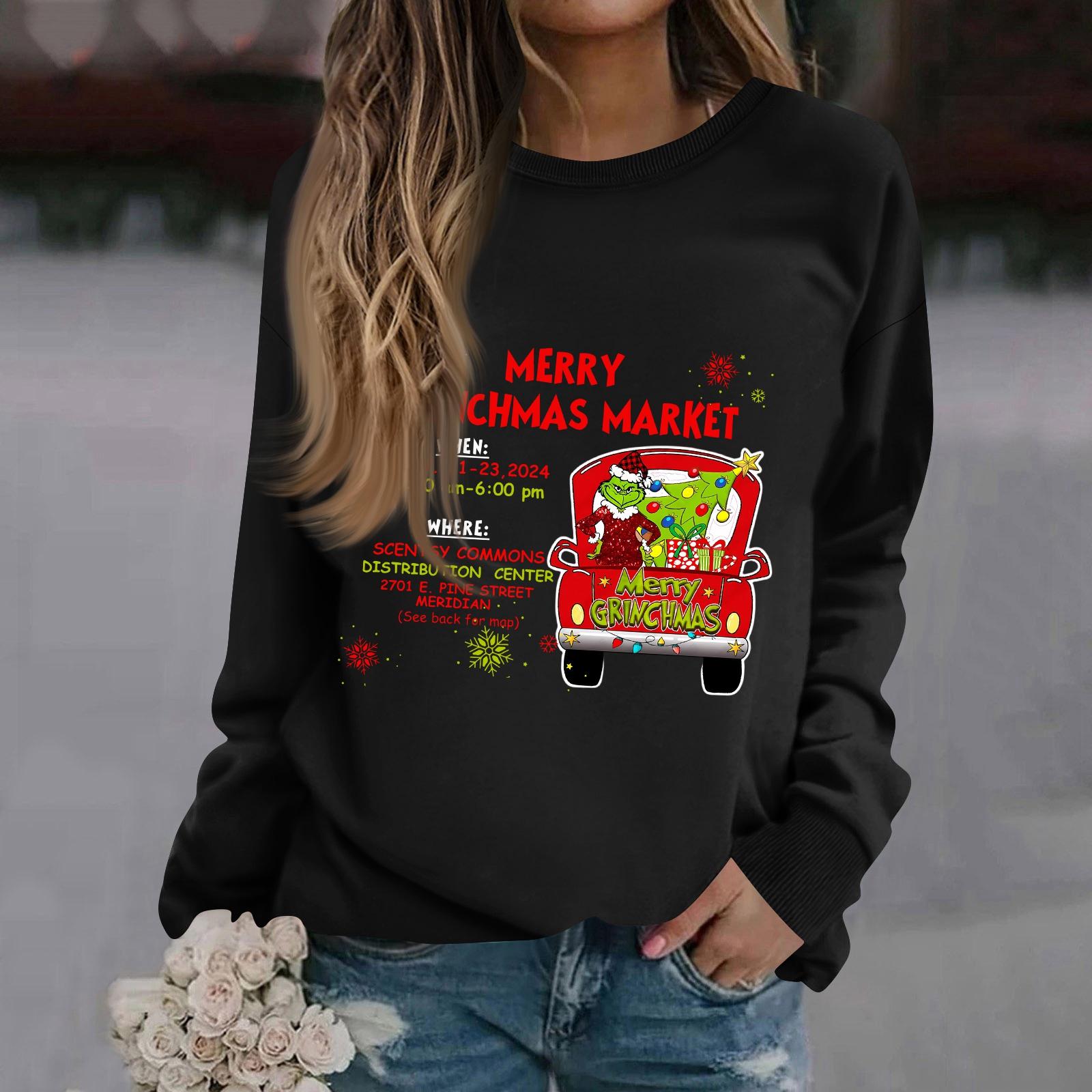 

Женская модная повседневная толстовка с длинным рукавом, однотонная, с рождественским принтом, с круглым вырезом XXL чёрный