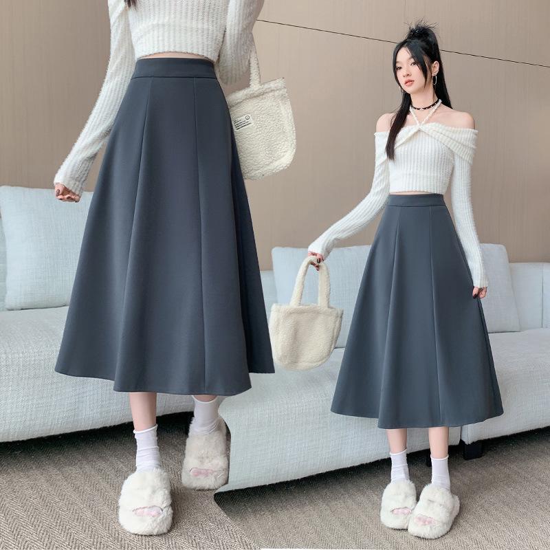 

Plus Size Women s Korean Style Woolen Flare Skirt - High Waist A-line for Autumn/Winter L серый