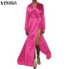 VONDA Women Long Sleeve Front Cross Lace-up Slit Satin Maxi Long Shirt Dress