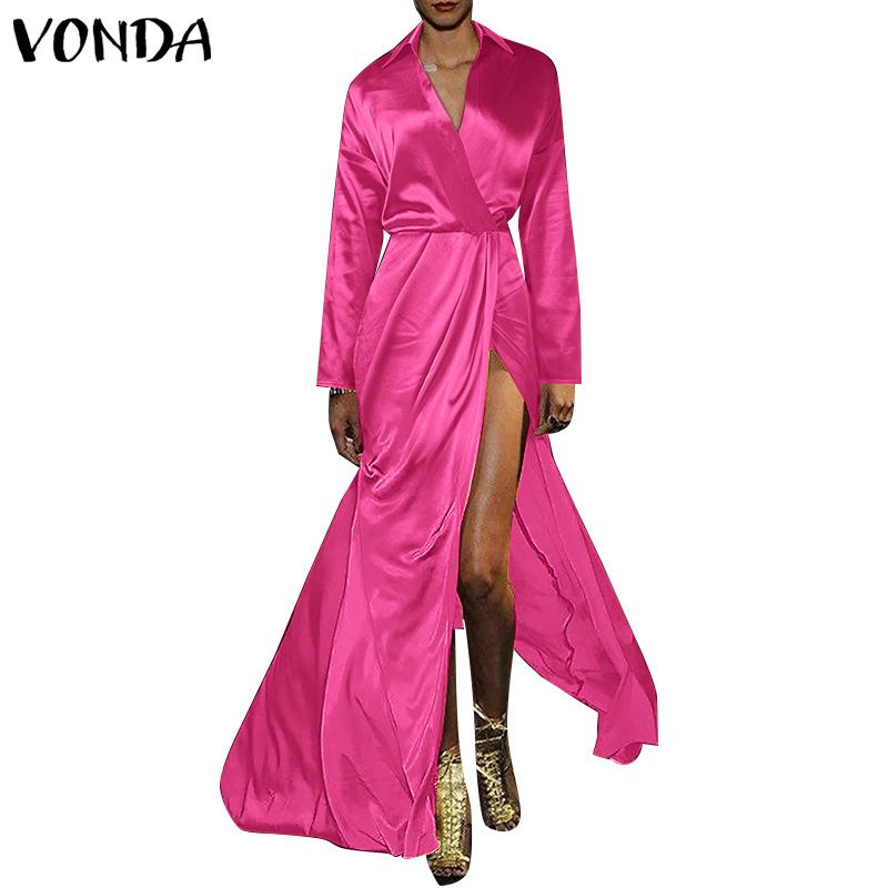 VONDA Women Long Sleeve Front Cross Lace-up Slit Satin Maxi Long Shirt Dress