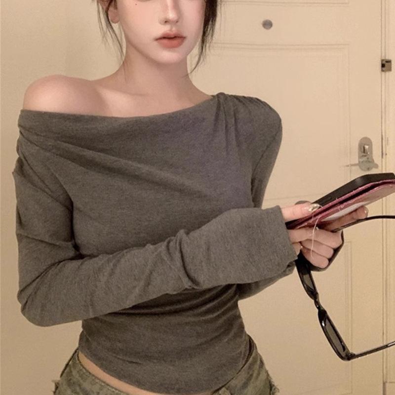 Spring/Autumn Asymmetrical One-Shoulder Long Sleeve Slim T-Shirt