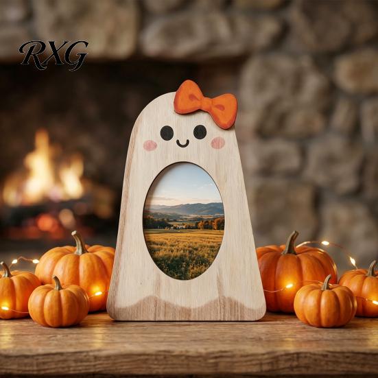 Ghost Theme Home Ornament Halloween Wooden Photo Frame, Pumpkin/Ghost Picture Frame for Wall Rustic Wood Holiday Gift Hanging or Desktop Display,