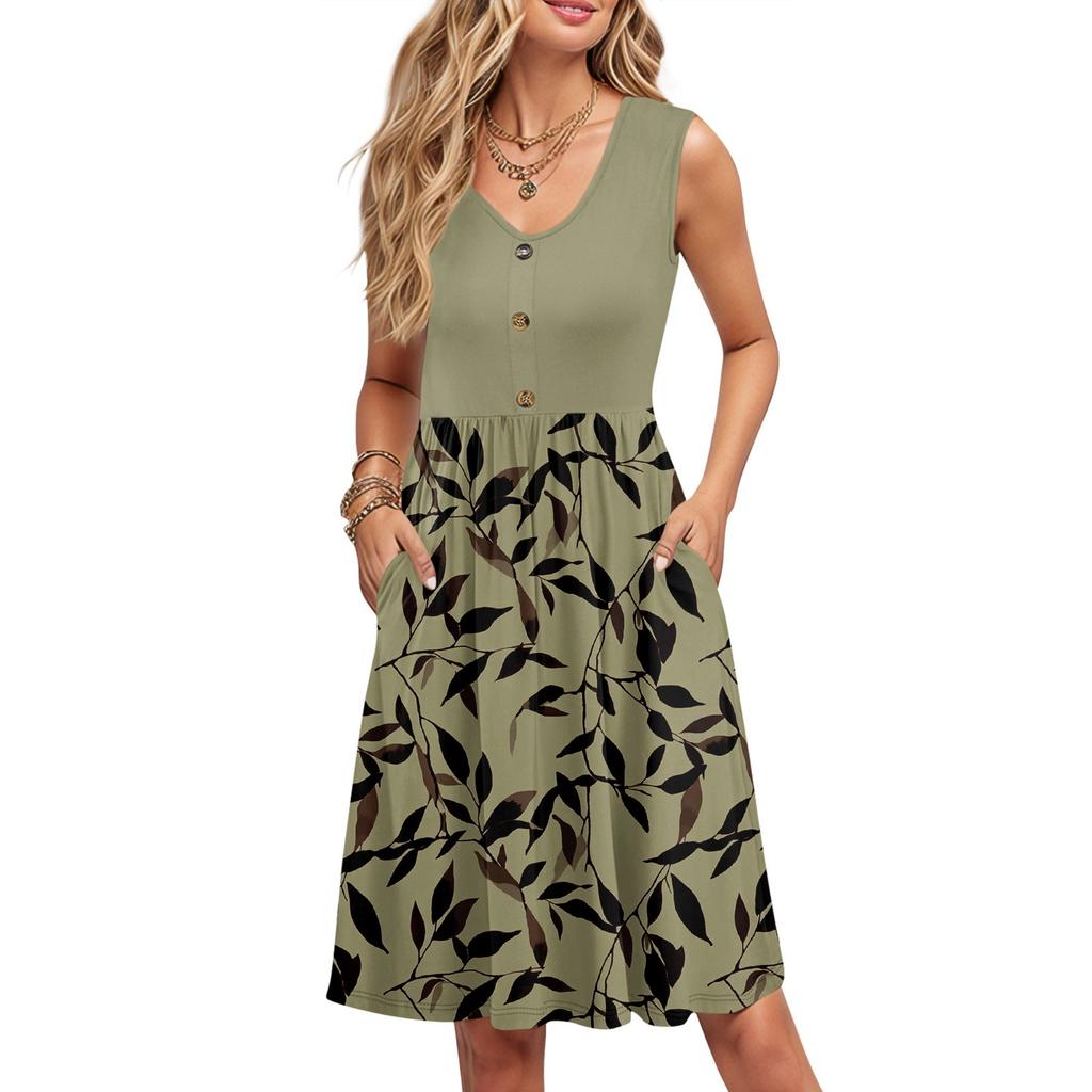 Women Summer Printing Dresses Sleeveless Casual Loose Swing Button Down Midi Sundress With Pockets