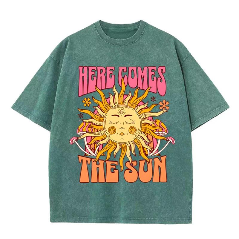 Vintage Black "Here Comes The Sun" T Shirt Retro Psychedelic Sun Acid Wash Tee
