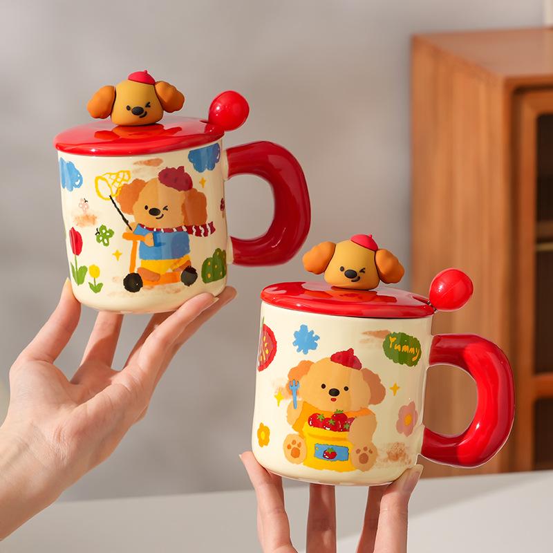 High-Value Creative Ceramic Cup With Lid Spoon, Household Girl Couple Water Cup Gift Box, Cute Little Gift.