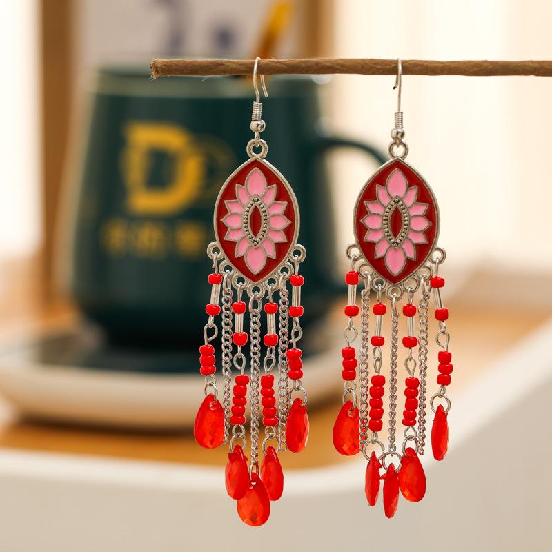 Bohemian Enamel Flower Water Drop Earrings for Women Ethnic Vintage Multicolor Beaded Long Earrings Vacation Daily Jewelry