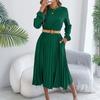 Women's Casual Color Long,sleeved Pleated Dress With Pockets
