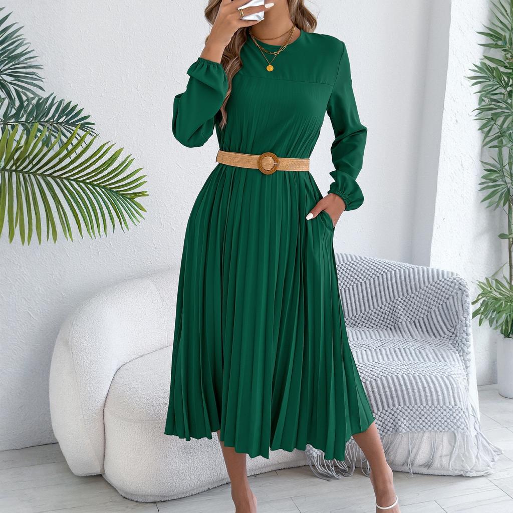 Women's Casual Color Long,sleeved Pleated Dress With Pockets