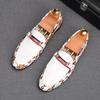 Fashion New White Black Print Pattern Patent Leather Slip On Shoes For Men Male Wedding Dress Prom Homecoming Shoes Zapatos Hombre
