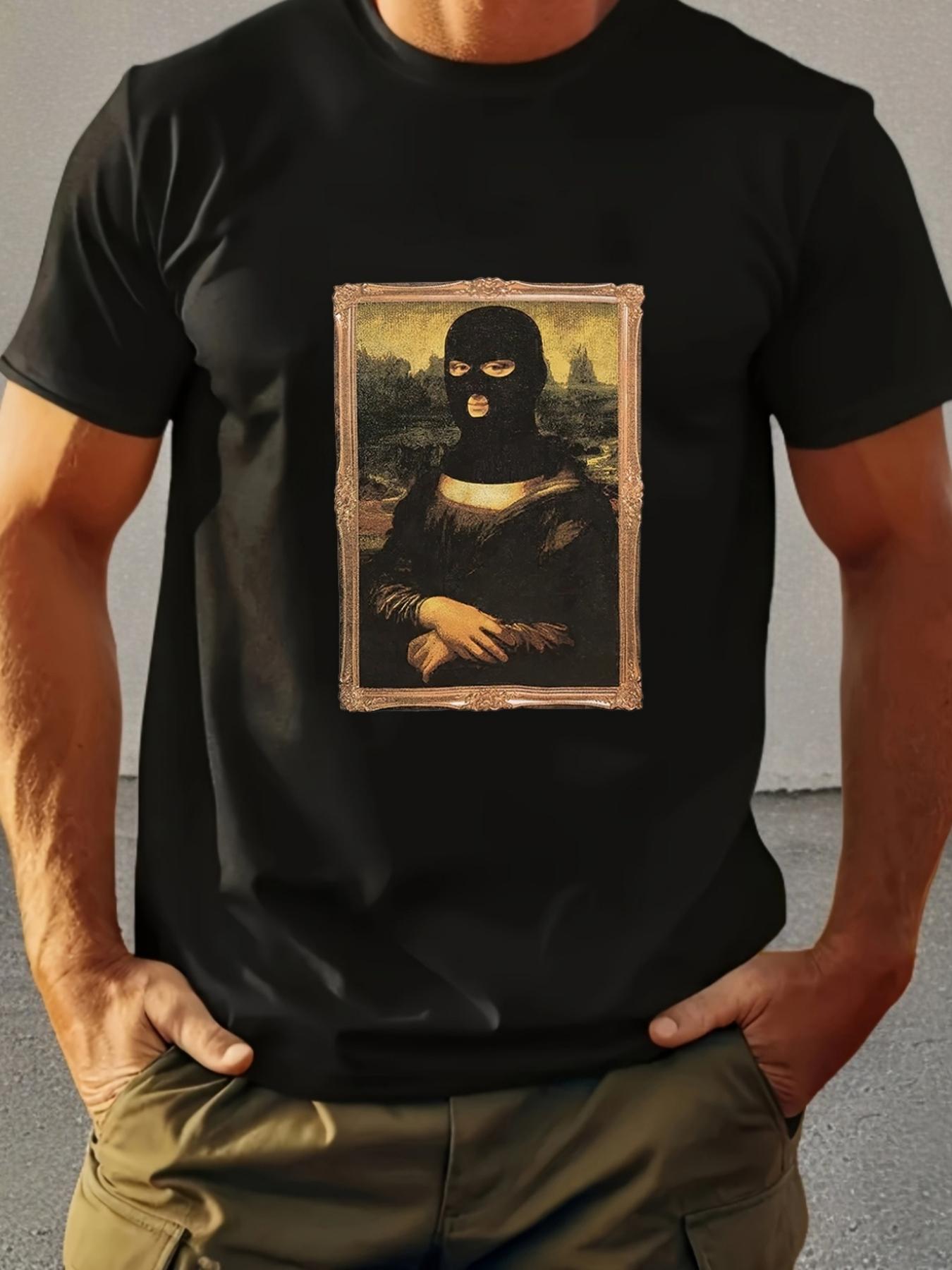 

Unisex s Casual Cotton T-Shirt with Mona Lisa Print, Crew Neck, Short Sleeve, Knit Fabric S