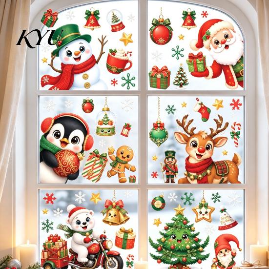 Childlike Holiday Atmosphere Props 6Pcs Christmas Window Cling, Santa Snowman Penguin Reindeer Static Glass Gift for Kids Decals Storefront,