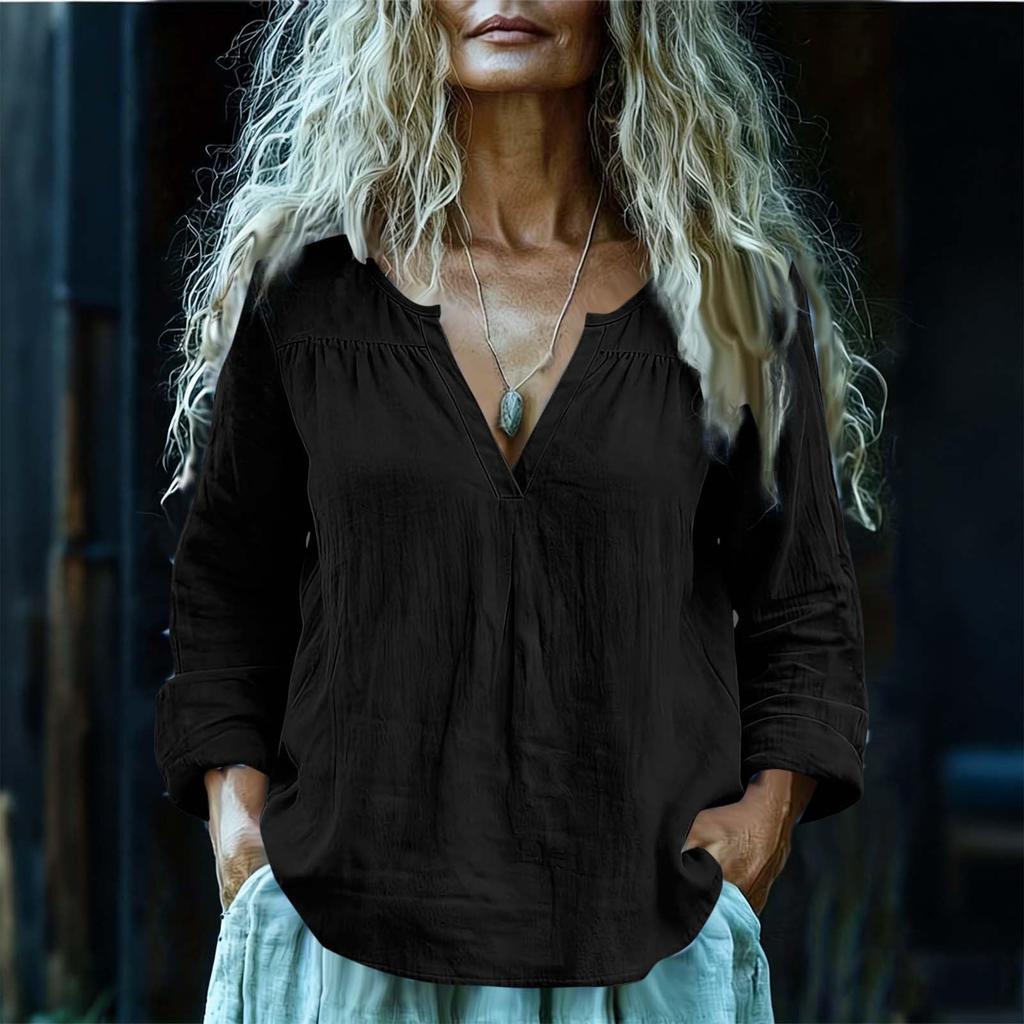 Women's Fashion Loose-Fit Long-Sleeve V-Neck Pullover Shirt Cotton-Linen Blend Top