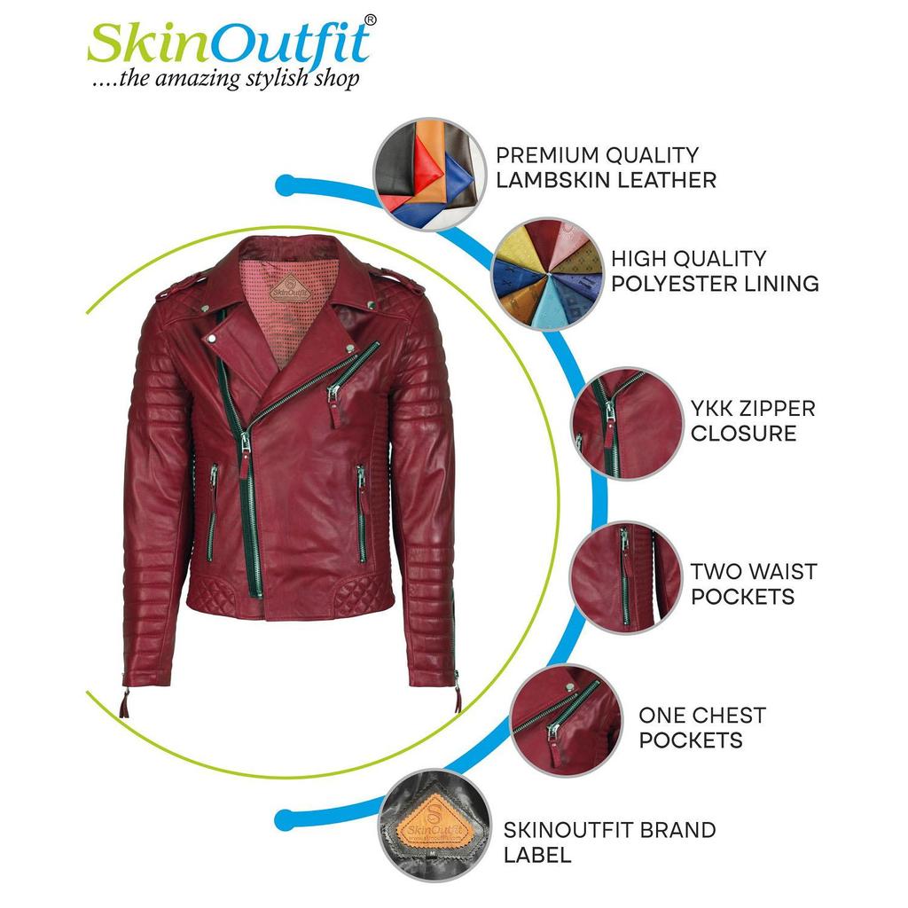 SKINOUTFIT Men Motorcycle Leather Jacket Genuine Dark Red Lambskin Café Racer Biker Outerwear