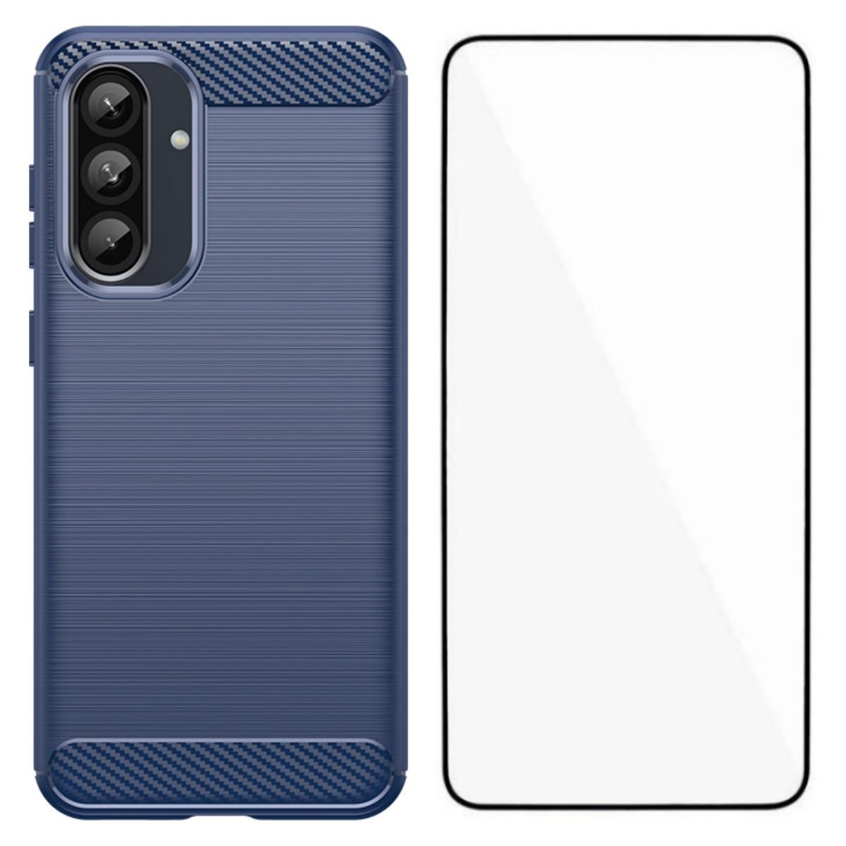 

For Samsung Galaxy A56 5G Case with Screen Film WANLONFENG LS Series Big Lens Hole Brushed Texture TPU Phone Cover Blue