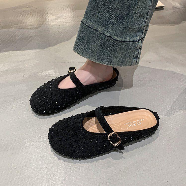 Rhinestone Bag Head Half Slippers Women's 2025 Spring New Flat Bottom Round Head Temperament Advanced Single Shoes Versatile Popular Slippers