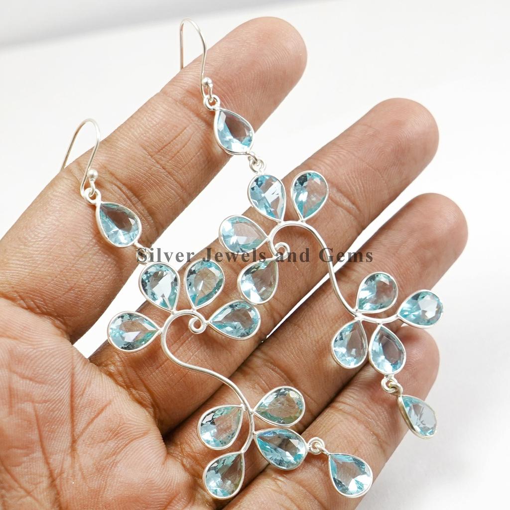 Natural Blue Topaz Earrings-Dangle Handmade Earrings-Teardrop Topaz Earrings-925 Sterling Silver Earrings-Multi Stone Bezel Earrings