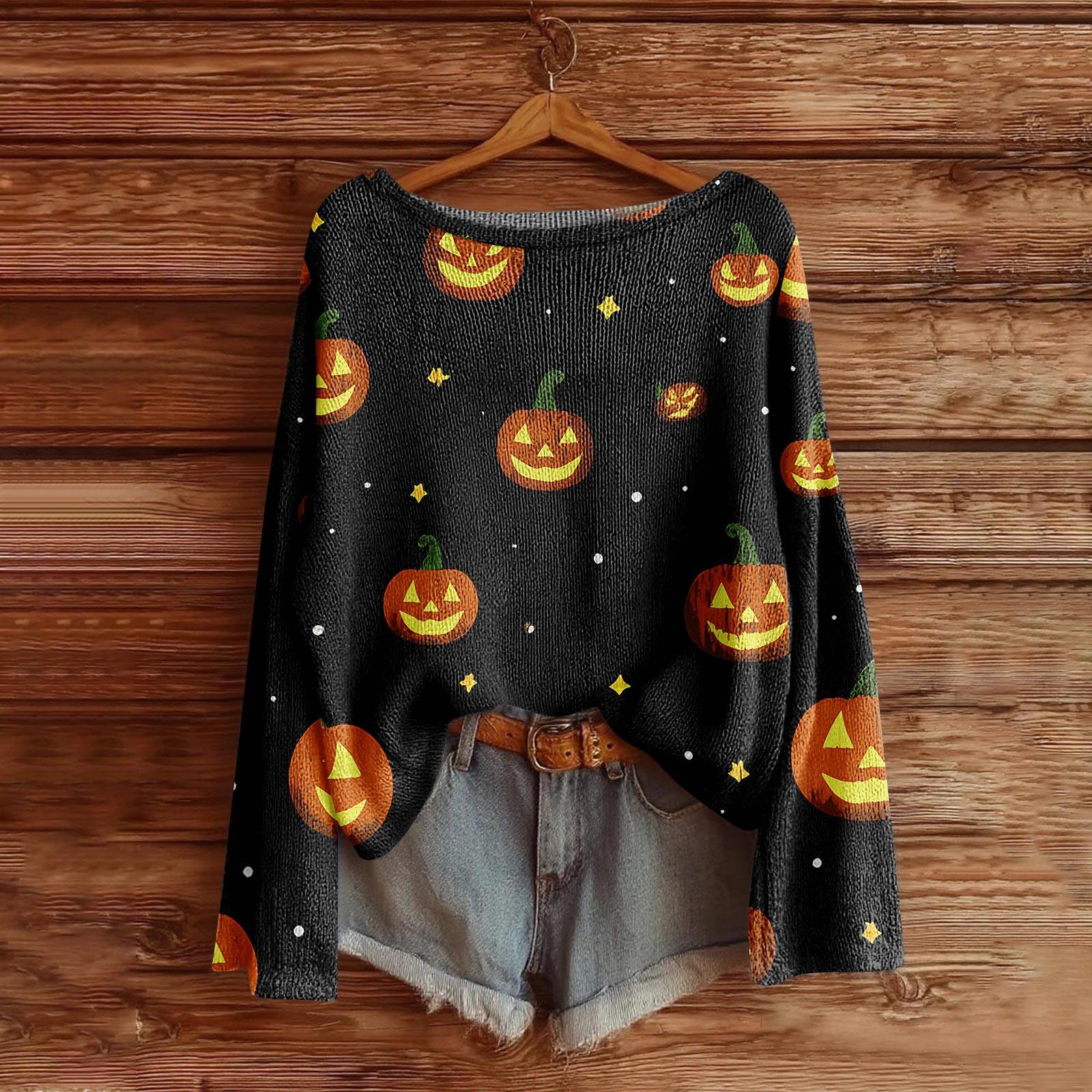 Women s Halloween Sweater, Bohemian Vintage Pattern Print Long Sleeve Knit Pullover L чёрный