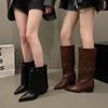 Black Mermaid Ankle  Retro Round Head Small Design Sense Long Tube  Rivet Knight Boots Over Knee High Boots