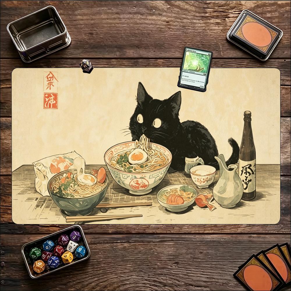 Cute UkiyoE Black Cat Japanese Food Art Pattern NonSlip Rubber Game Mat For Card Game Sessions And Daily Desktop Activities