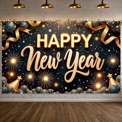 Party Decoration Banner Dark Background New Year Backdrop Happy New Year Banner Shiny Elements Yearly Celebration Banner For New