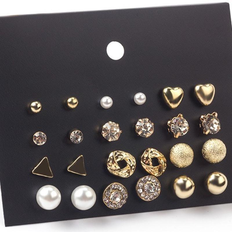 Zircon Crystal Pearl Earrings Set Fashion Silver Color Geometric Metal Bead Ear Studs for Women Girls New Trend Jewelry