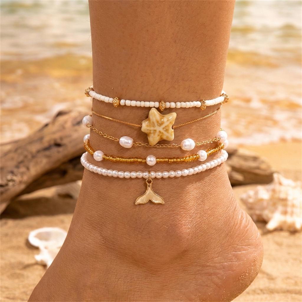 4Pcs Boho Shell Starfish Anklets Set for Women Rice Beads Conch Turtle Fishtail Foot Chain Beach Party Sandals Barefoot Jewelry