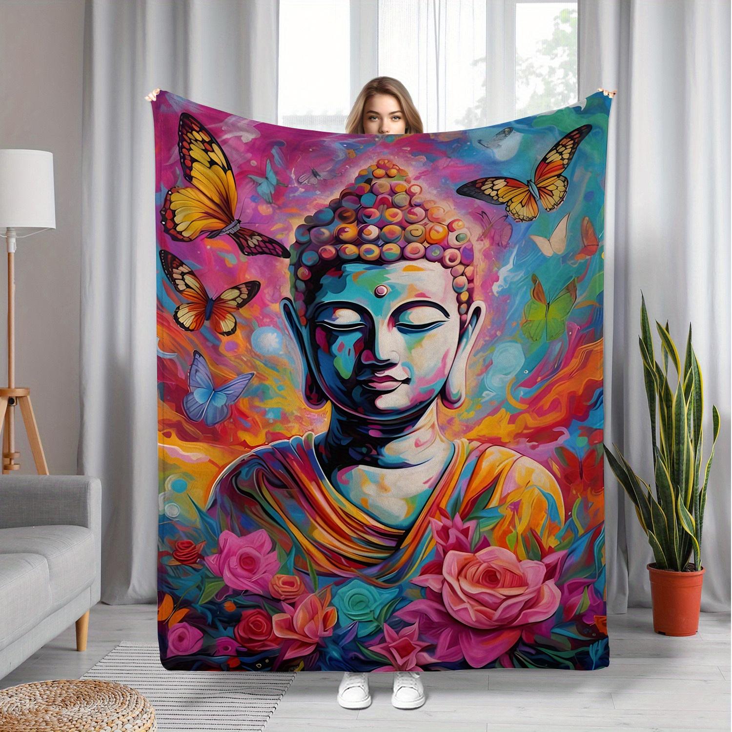 

Butterfly and Buddha statue patterns Flannel printed blanket suitable for all seasons suitable for living office sofa and travel 75x90cm