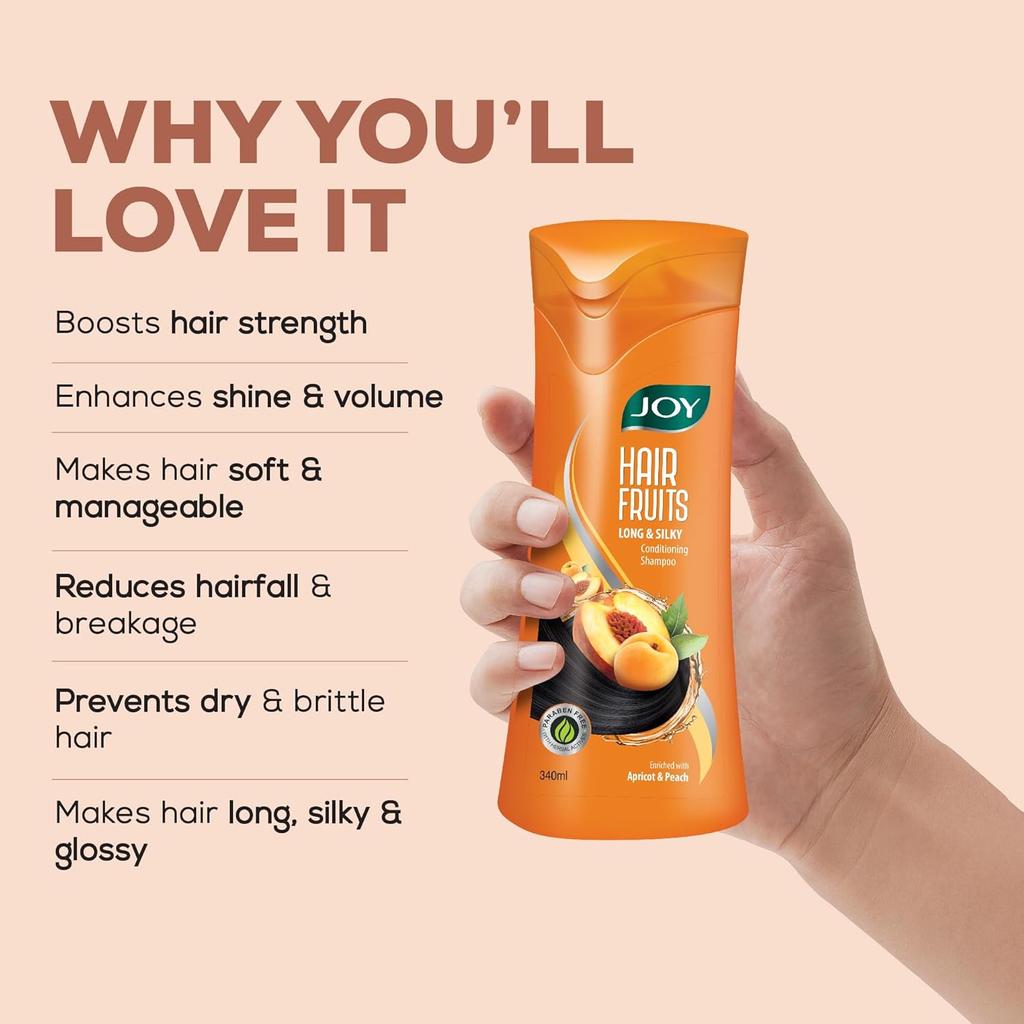 Joy Hair Fruits Long & Silky Conditioning Apricot & Peach Shampoo 340 ml Pack | Soft Shiny Hair, Moisturizing & Nourishing