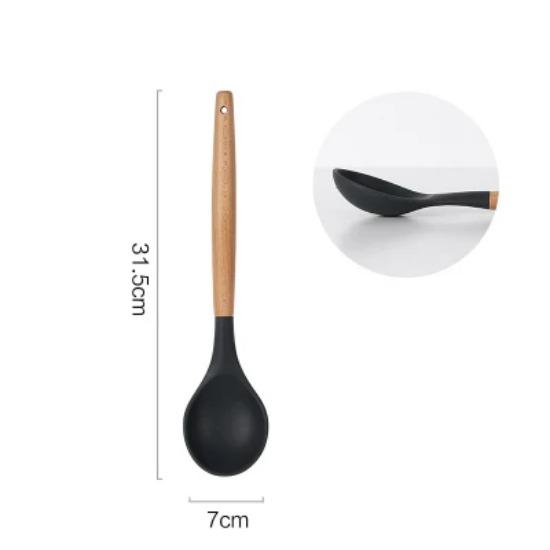 Ustensile de Bucătărie Spatulă Silicon Lingură Polonic pentru Supă Spatulă Perforată Server pentru Paste Ustensile de Gătit din Silicon Antiaderent cu Mâner de Lemn