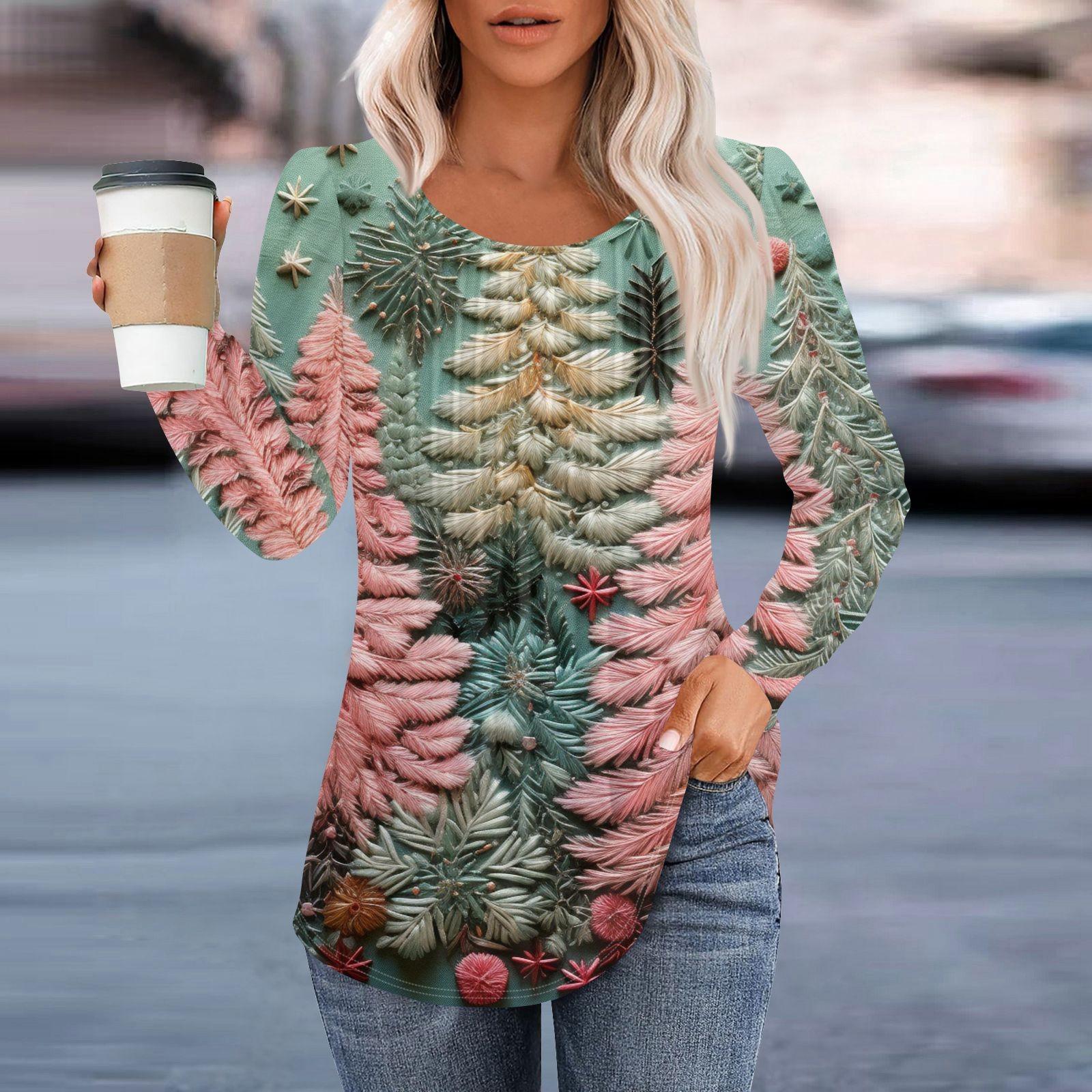 

Женская повседневная и модная принтованная футболка с круглым вырезом и длинными рукавами, плиссированная футболка на Рождество L