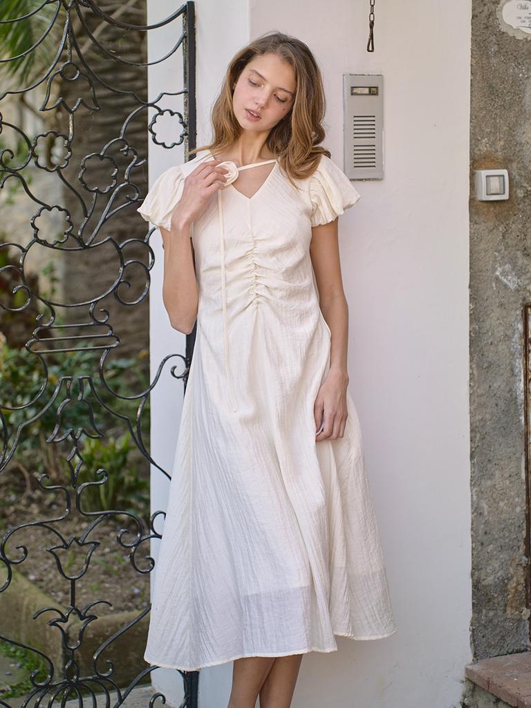 Laengaenlu Sora Shirring Dress(Sora)_Cream