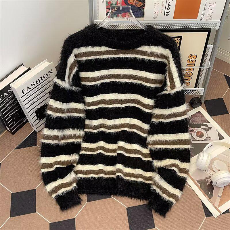 

Niche Black-White Striped Mohair Sweater: Trendy, High-End Knitwear in Plush Fabric, Black/Blue L чорний