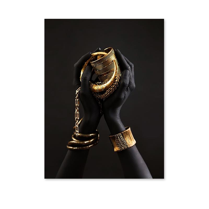 Afrikanische Frau Leinwand Wand Kunst Malerei Poster und Drucke schwarze Frau hält Gold Schmuck Bild für Wohnzimmer Home Decor