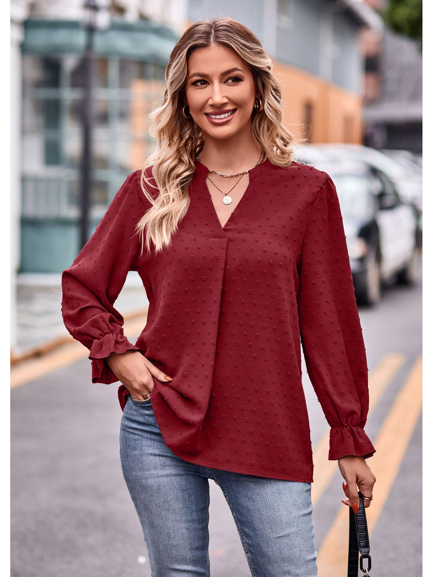 

2024 Осень Европейский и Американский Женский Жаккардовый Топ Свободный С Длинными Рукавами И V-образным Вырезом M