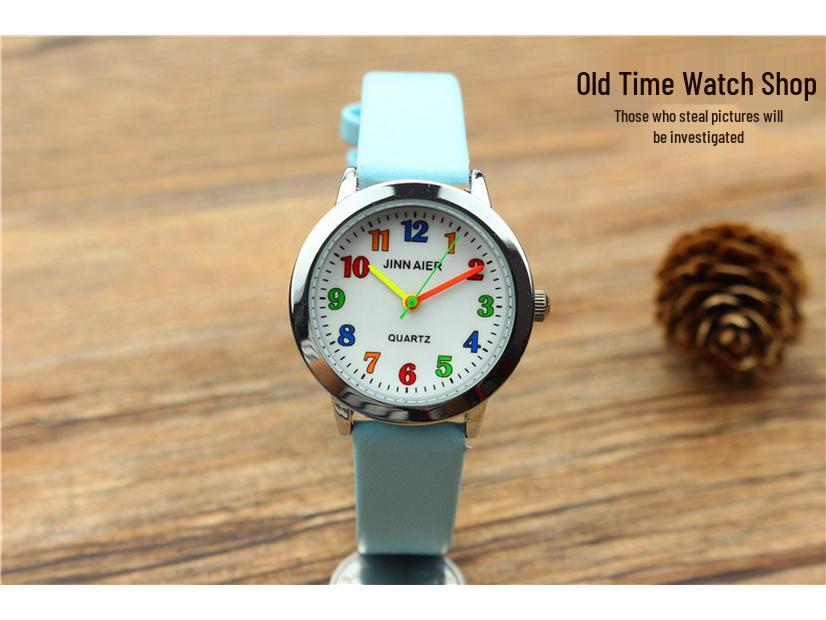 Popular Kids' Cartoon Quartz Watch with Colorful Numbers and Leather Strap for Elementary School Boys and Girls