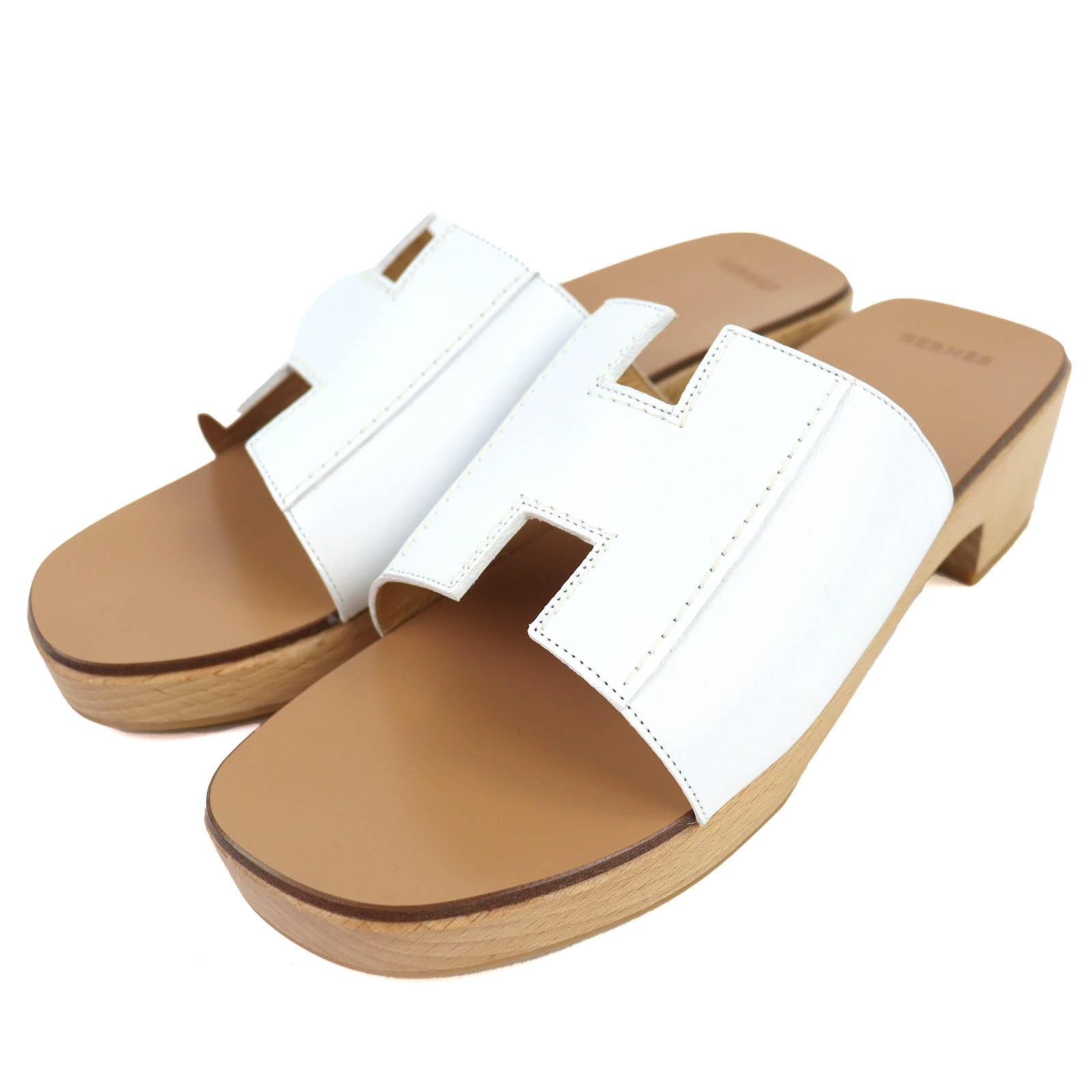 

Excellent HERMES Sandals Kevral H motif wood sole leather white leather Women 36 Used