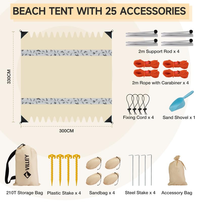 VILLEY Tarp Beach Tarp Beach Sunshade Beach Tent for 4 To 6 People Tarp Tent with 4 Poles UV Protection UV Cut Shading Ventilation Sun Shade Sun