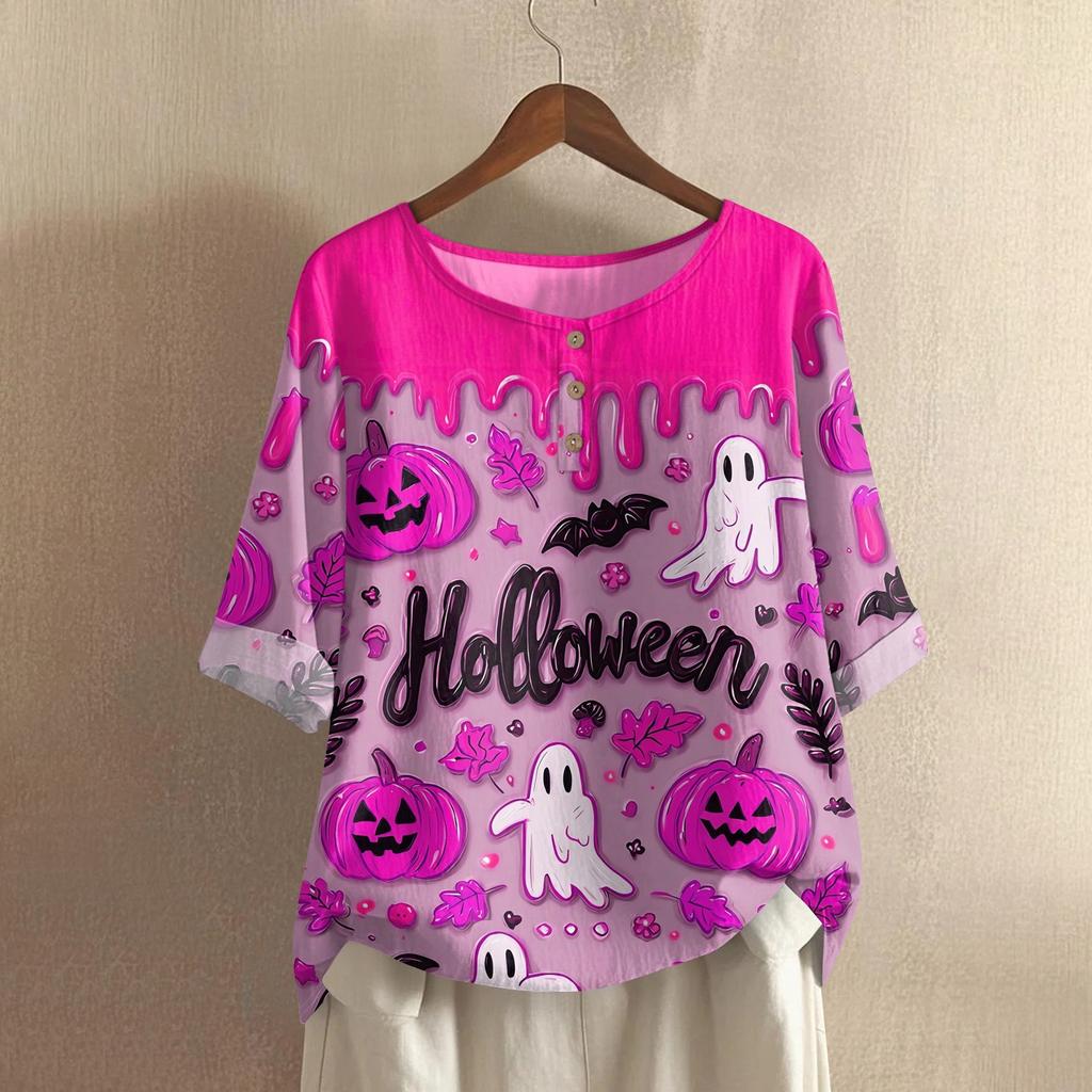 Camicia alla moda e casual da donna a maniche corte con scollo rotondo e stampa, blusa top in cotone e lino