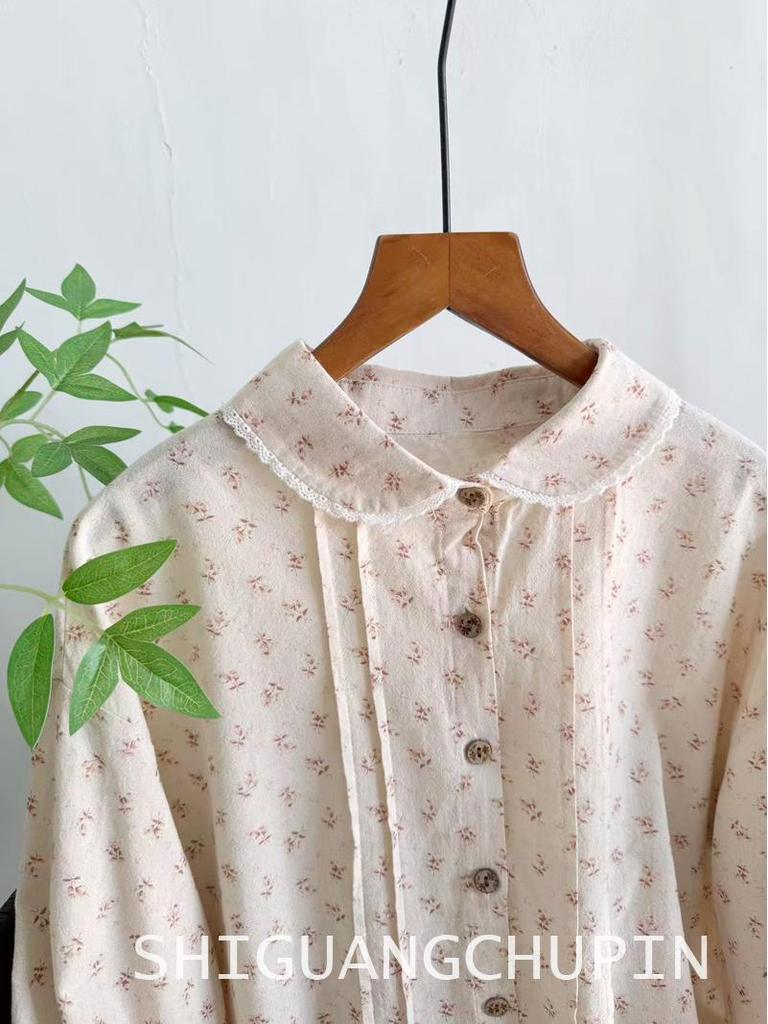 Sweet Japanese-Style Floral Lace Doll Collar Pleated Long-Sleeve Women's Shirt for Spring