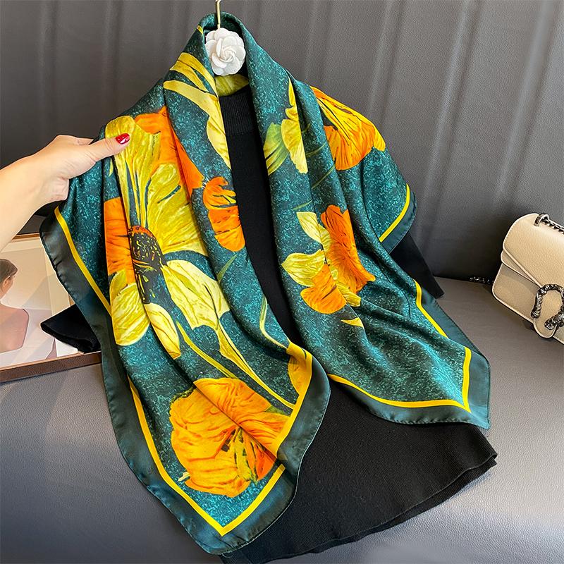 Print Satin Silk Square Scarf Hijab Women Bandana 90CM Headscarves Neckerchief Ladies Muffler Shawl Wrap Foulard Headband