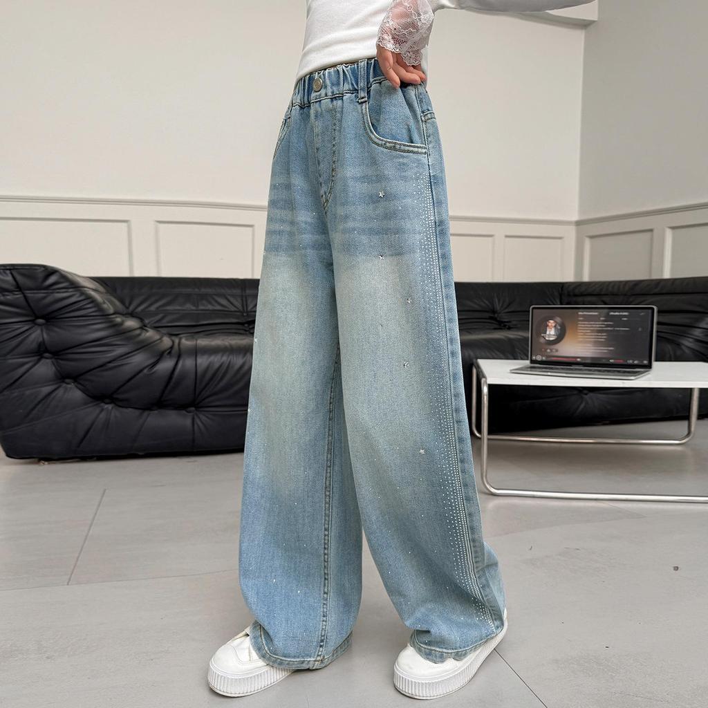 Girls' Autumn 2026 Wide Leg Rhinestone Jeans - Children's Straight Leg Trousers for Middle and Older Girls.