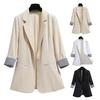 3/4 Sleeve Striped Patchwork Cuff Pockets Women Blazer Solid Color Lapel Single Button Thin Suit Coat Workwear
