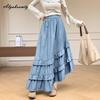 French Style Autumn Winter Women Maxi Long Skirt High Waist Light Blue Black Denim Skirt Layered Ruffles Irregular Princess Skirt
