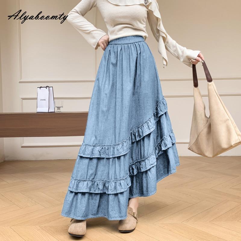 French Style Autumn Winter Women Maxi Long Skirt High Waist Light Blue Black Denim Skirt Layered Ruffles Irregular Princess Skirt