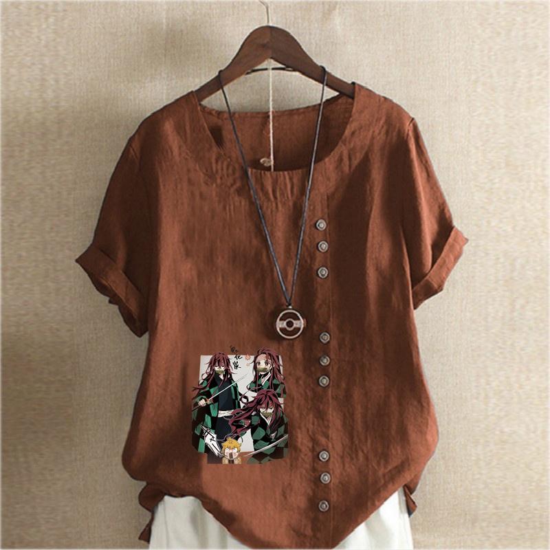 Damnytt mode linneskjorta rund hals kortärmad tecknade figurer tryckt t-shirt sommar damer vardaglig plusstorlek blus toppar