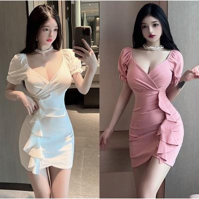 Temperament Pure Desire Spice Girl Skirt Low Cut V-neck Bubble Sleeve Splicing Irregular Ruffle Edge Hip Skirt Solid Color Versatile